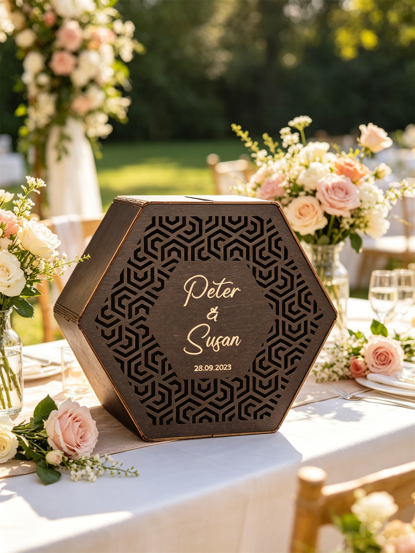Rural-style wedding card box: Carved wooden souvenirs, personalized engagement gifts for the newlyweds